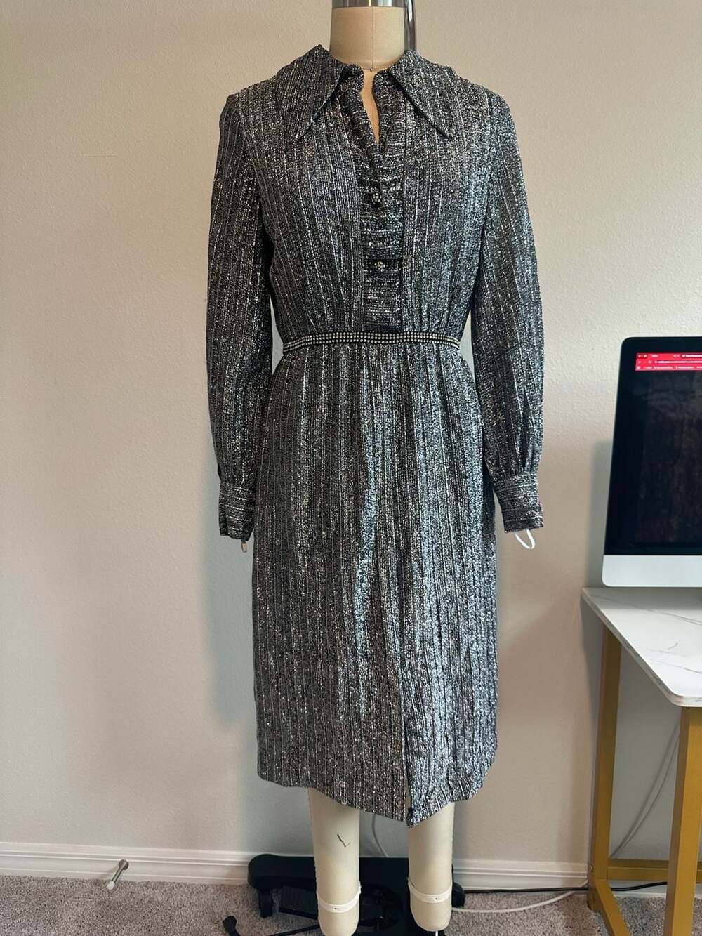Metallic Lurex Shimmer Midi Dress Silver Rhinestone Belt